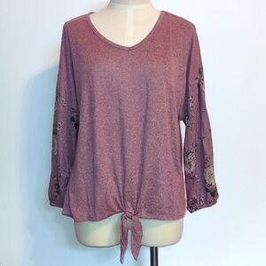 Bobbie Brooks V-Neck Floral Sleeves Tie Front Top Mauve Size XL